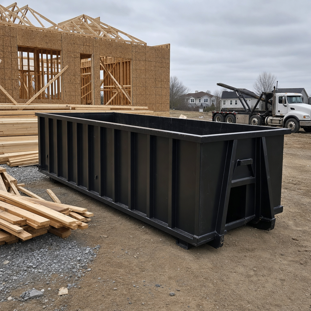 Matte-black 40-yard roll-off dumpster staged on a framed-out residential construction site in Oakland, framing lumber stacked nearby, hooklift delivery truck visible in the background under bright Colorado daylight