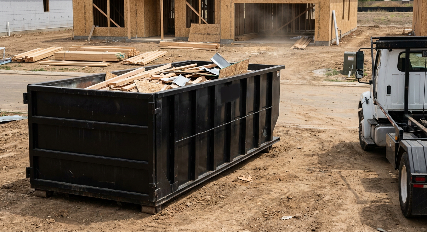 Matte-black 20-yard roll-off construction dumpster with heavy ribbed steel sidewalls and swing rear doors at a working jobsite in Oakland, sitting directly on compacted dirt with an unmarked white hauler partially visible at the far edge of the frame.