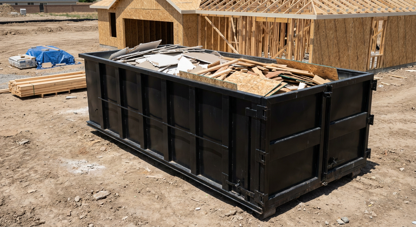 Matte-black 30-yard roll-off construction dumpster sitting directly on the compacted-dirt site of a framed single-family home build in Oakland, drywall and lumber scrap loaded inside.