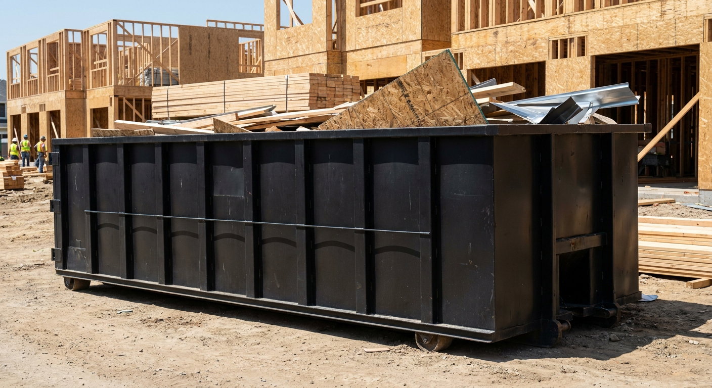 Matte-black 40-yard roll-off construction dumpster being lowered from a white-cab hooklift delivery truck onto the compacted-dirt jobsite at a commercial build site in Oakland