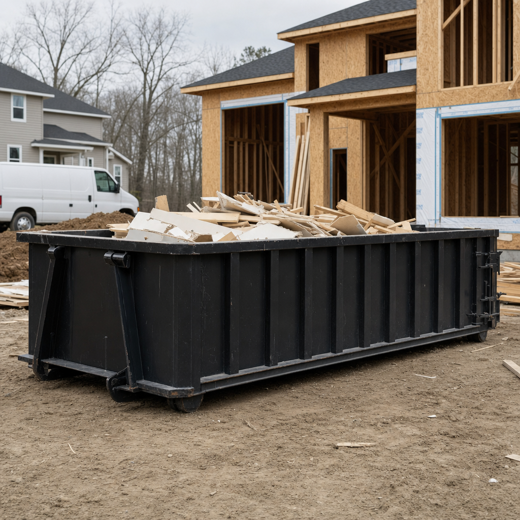 Worker in a yellow high-visibility vest tossing framing lumber and broken drywall into a matte-black 30-yard construction roll-off dumpster on an active build site in Oakland, bright daylight