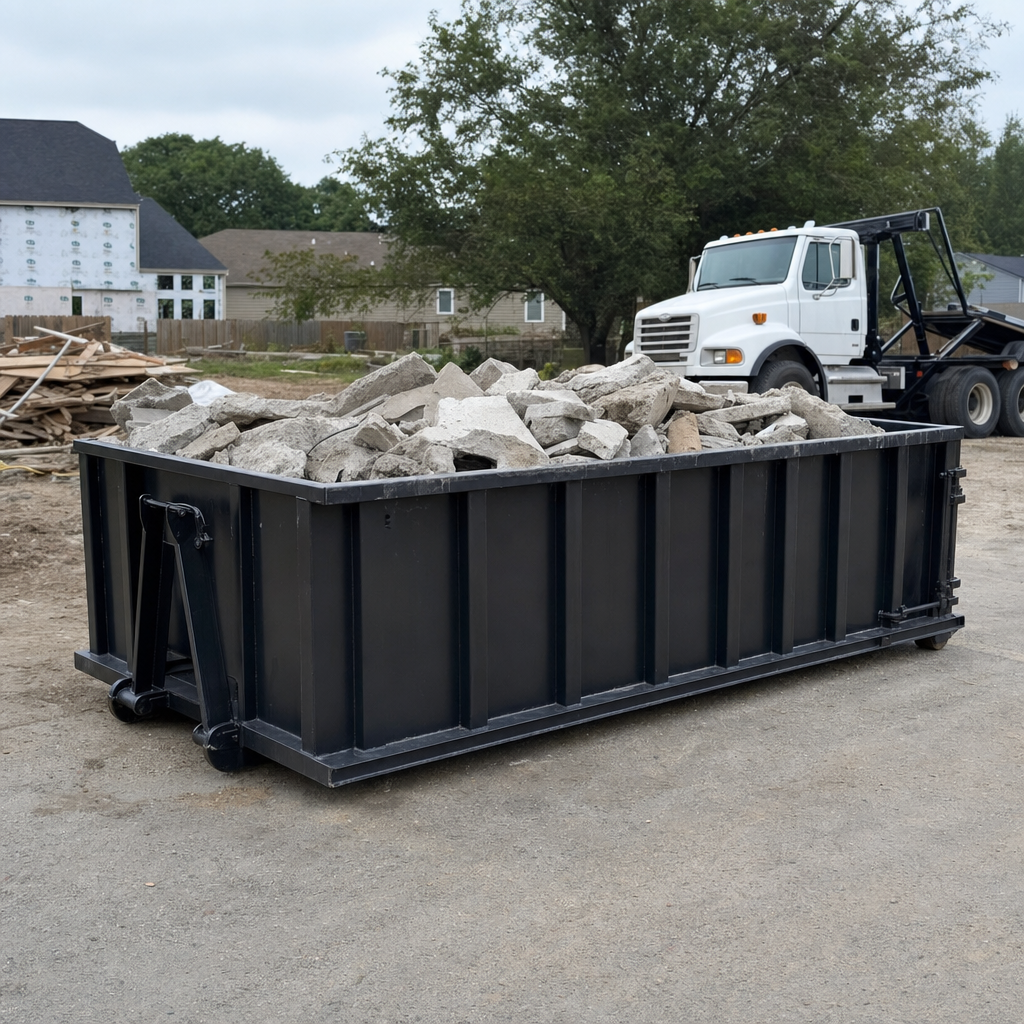 Low-profile matte-black lowboy roll-off dumpster loaded with broken concrete slab and rebar at a foundation tear-out in Oakland, skid steer parked beside it, sunny Colorado morning