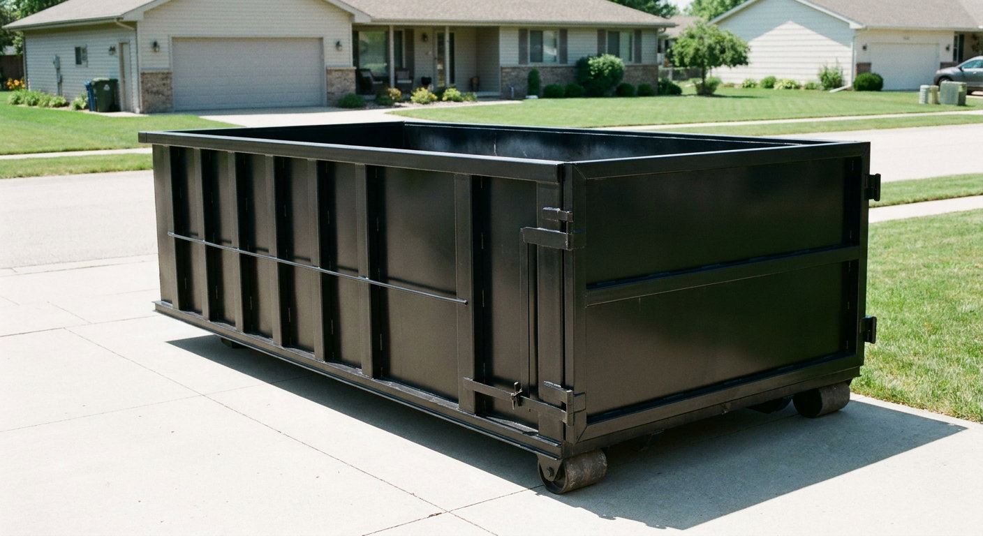 Matte-black 10-yard roll-off dumpster on a residential concrete driveway in Oakland, uniformly painted matte black across every panel and rail, ribbed steel sidewalls and rear swing door visible, mid-day daylight.