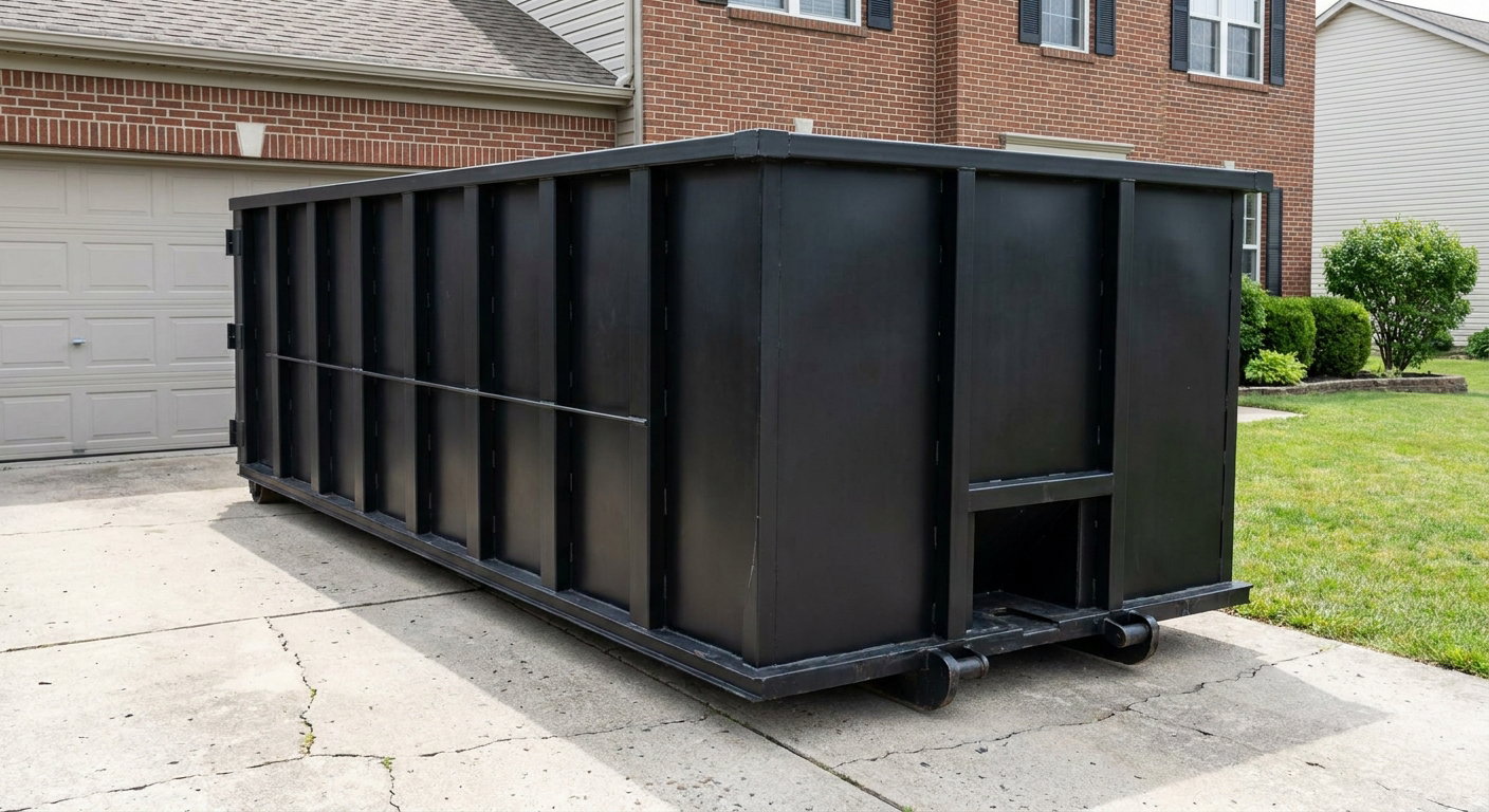 Matte-black 20-yard roll-off container on a Oakland residential concrete driveway with reinforced ribbed steel sidewalls and a hinged rear walk-in door, clean bright daylight.