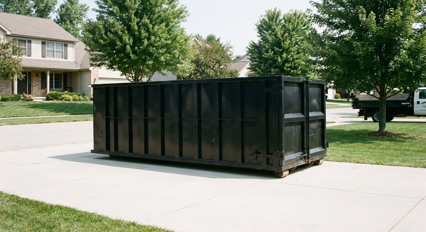 Matte-black 20-yard roll-off dumpster sitting level on a clean Oakland residential concrete driveway under bright daylight, demonstrating clean placement directly on the concrete.
