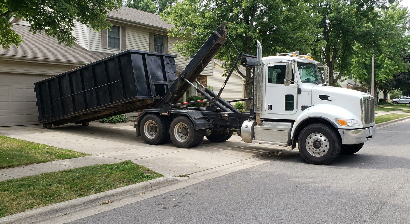 White-cab hooklift roll-off truck actively lowering a matte-black dumpster onto a Oakland residential concrete driveway, the dumpster's rear wheels touching the driveway as the hoist arm tilts the bed forward, mid-morning daylight.