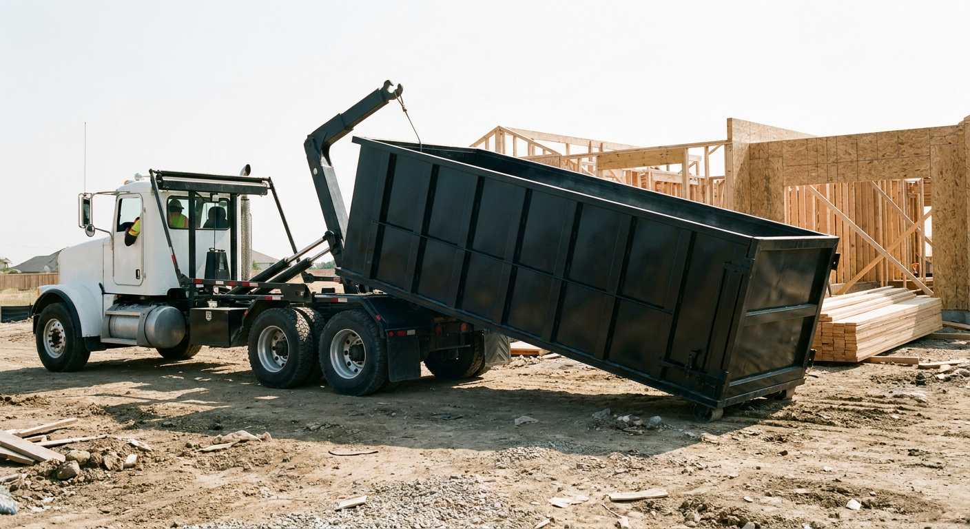 Matte-black roll-off dumpster being delivered onto a clean residential concrete driveway in Oakland by an unmarked white hooklift hauler truck, bright morning daylight, documentary 35mm perspective.