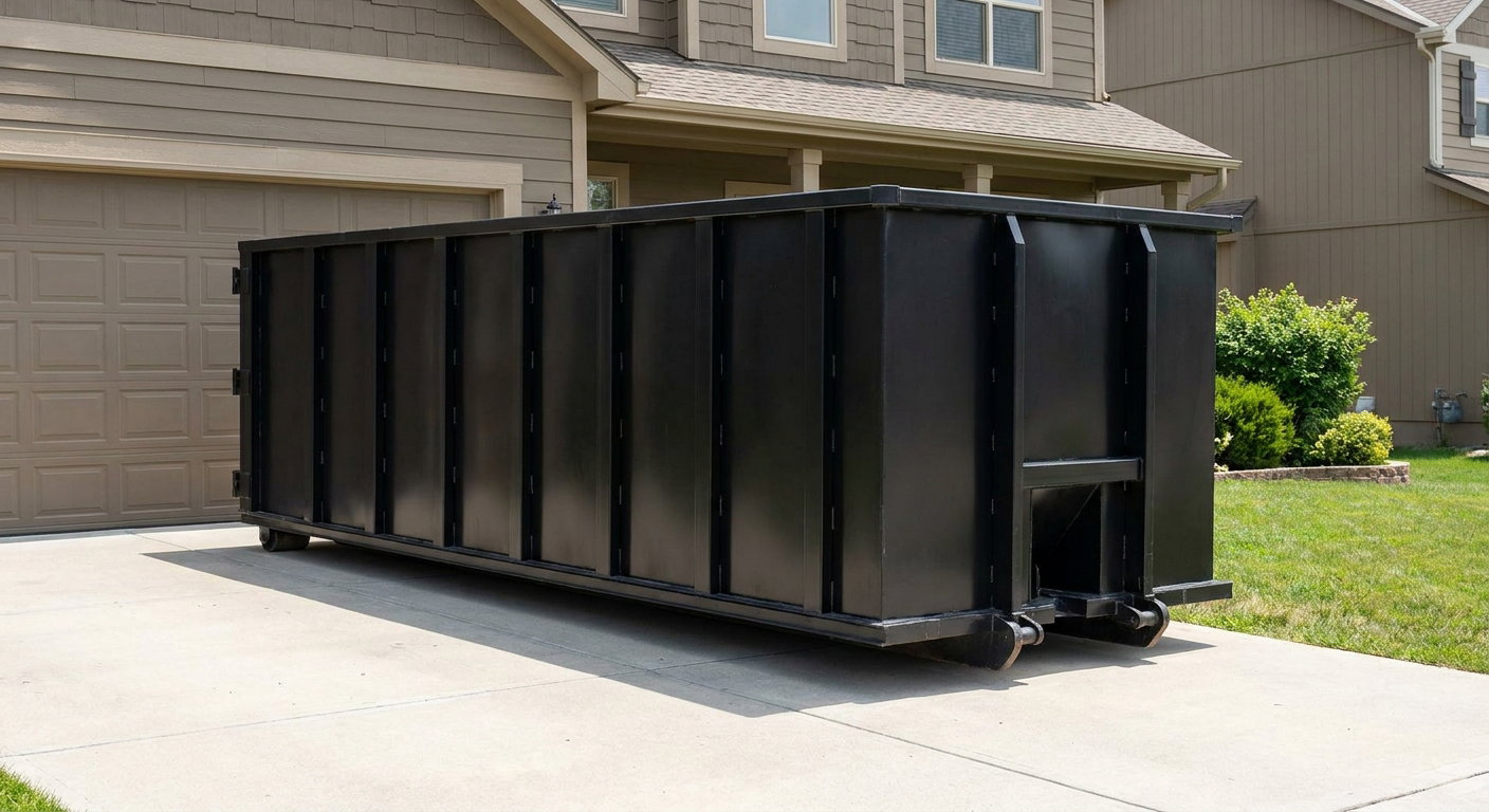 Matte-black residential roll-off dumpster sitting directly on a suburban Oakland concrete driveway, garage door closed, single-family home in background, bright morning daylight.