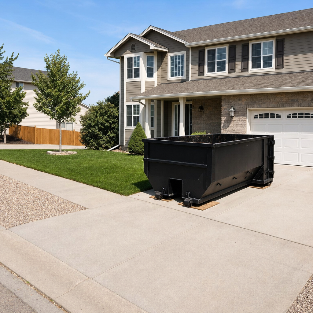 10-yard matte-black residential dumpster placed directly on a narrow Oakland concrete driveway, room remains for a parked sedan beside it, mid-morning natural light