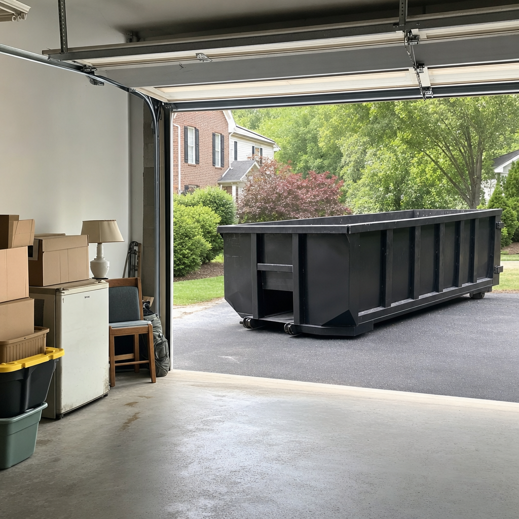 Open garage interior in a Oakland home mid-cleanout — boxed items, an old appliance, and stacked yard tools queued near the driveway for a matte-black roll-off dumpster, organized and calm