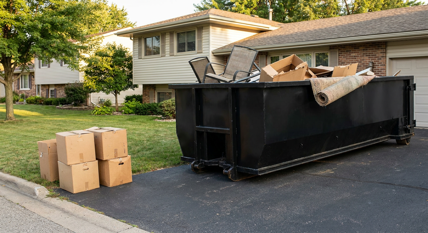 Front-yard view of a Oakland split-level home with a 20-yard matte-black roll-off dumpster sitting directly on the asphalt driveway, a few clearly labeled donation boxes staged at the curb, calm sunny afternoon.