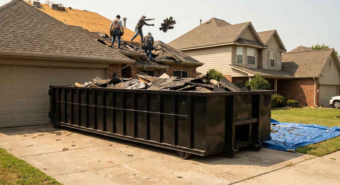 Matte-black roofing roll-off dumpster placed directly on a Oakland residential concrete driveway, a tear-off crew on a two-story asphalt-shingle roof tossing shingle bundles into the low-walled container, bright daylight, documentary 35mm perspective.