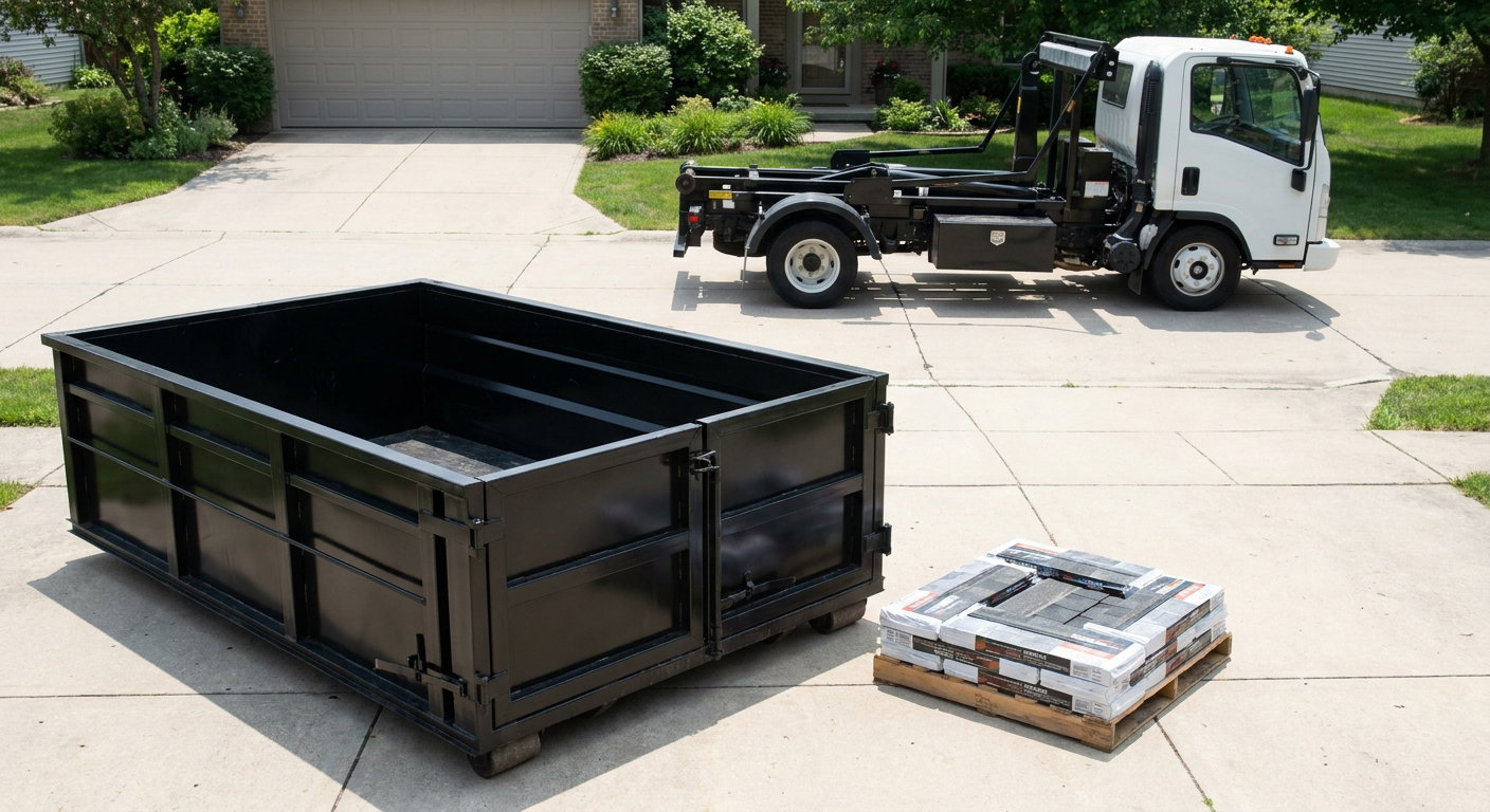 Matte-black 15-yard roofing roll-off dumpster with reinforced low side walls sitting directly on a Oakland residential concrete driveway, three-tab asphalt shingle bundles stacked nearby, an unmarked white hauler truck partially visible at the edge of the frame.
