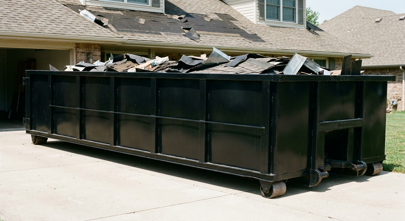 Matte-black 20-yard roofing roll-off dumpster with steel ribbed sides and swinging rear door, sitting directly on the concrete driveway of a two-story Oakland home, asphalt shingle debris being loaded over the low wall, clean documentary lighting.