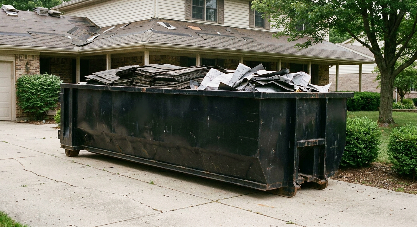 Matte-black 30-yard roofing roll-off dumpster sitting directly on a Oakland concrete driveway, taller ribbed steel side panels, mixed tear-off debris of asphalt shingles and underlayment inside, professional documentary daylight.