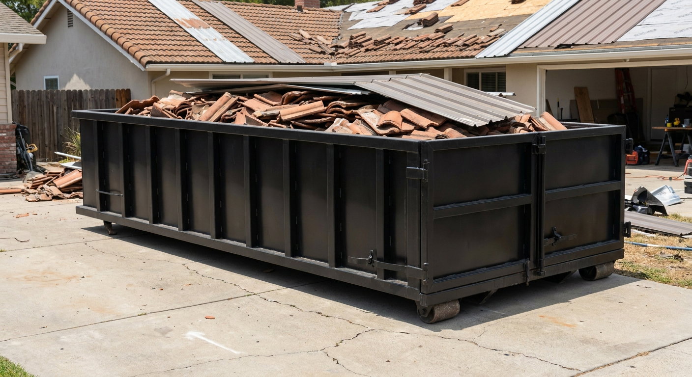 Matte-black low-wall heavy-debris roofing roll-off dumpster sitting directly on a Oakland concrete driveway, broken concrete clay roof tiles and metal panel sections loaded inside, reinforced ribbed steel side walls visible, bright outdoor daylight.