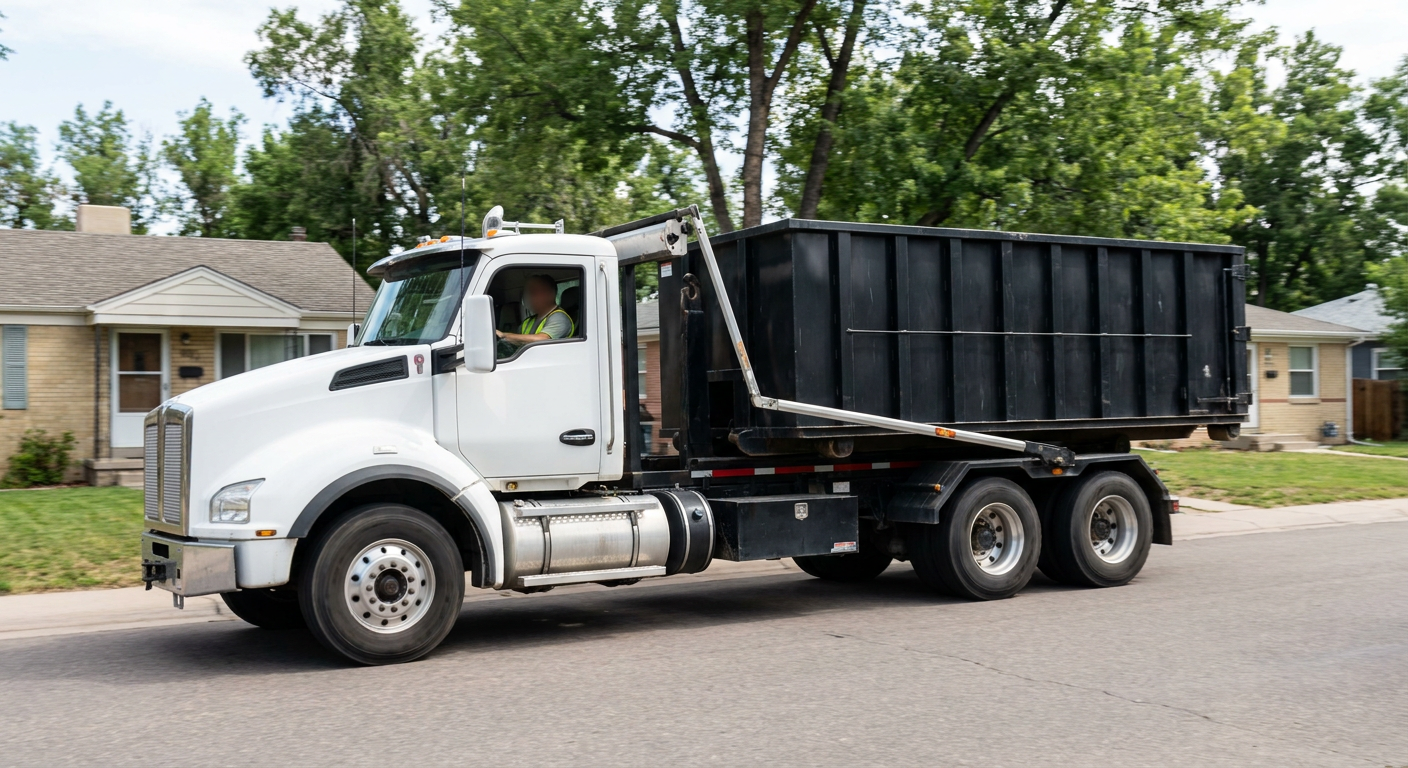 A wide documentary shot of a matte-black roll-off delivery truck pulling onto a quiet Oakland residential street at mid-morning, with neighborhood rooftops and tree-lined blocks visible behind, showing the metro coverage footprint.