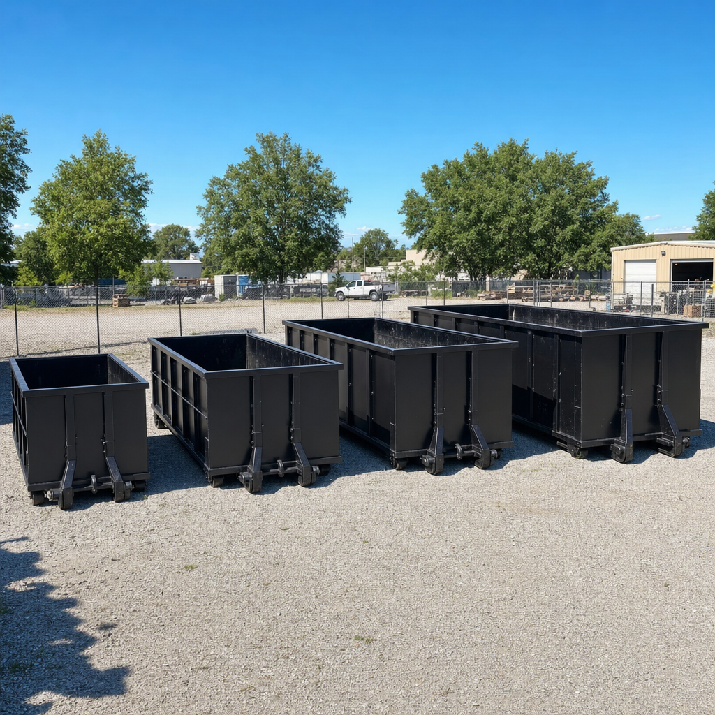 A clean lineup of matte-black roll-off dumpsters in 10, 20, 30, and 40-yard sizes staged on a sunlit gravel yard in Oakland, showing the size progression from compact to commercial-scale containers.