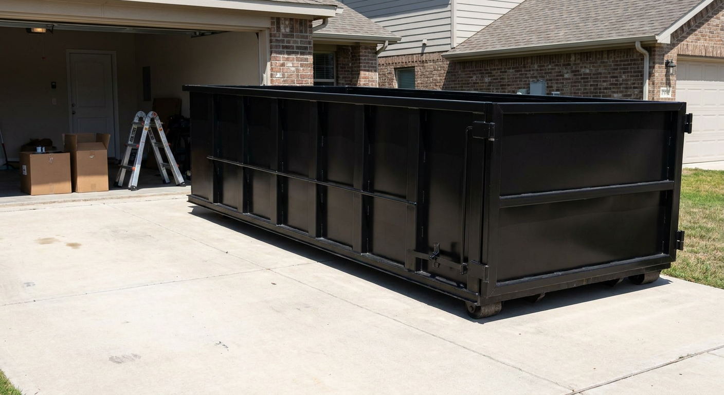 A matte-black 10-yard roll-off dumpster sitting directly on a residential Oakland concrete driveway, mid-day sunlight, clean and ready for a garage cleanout.