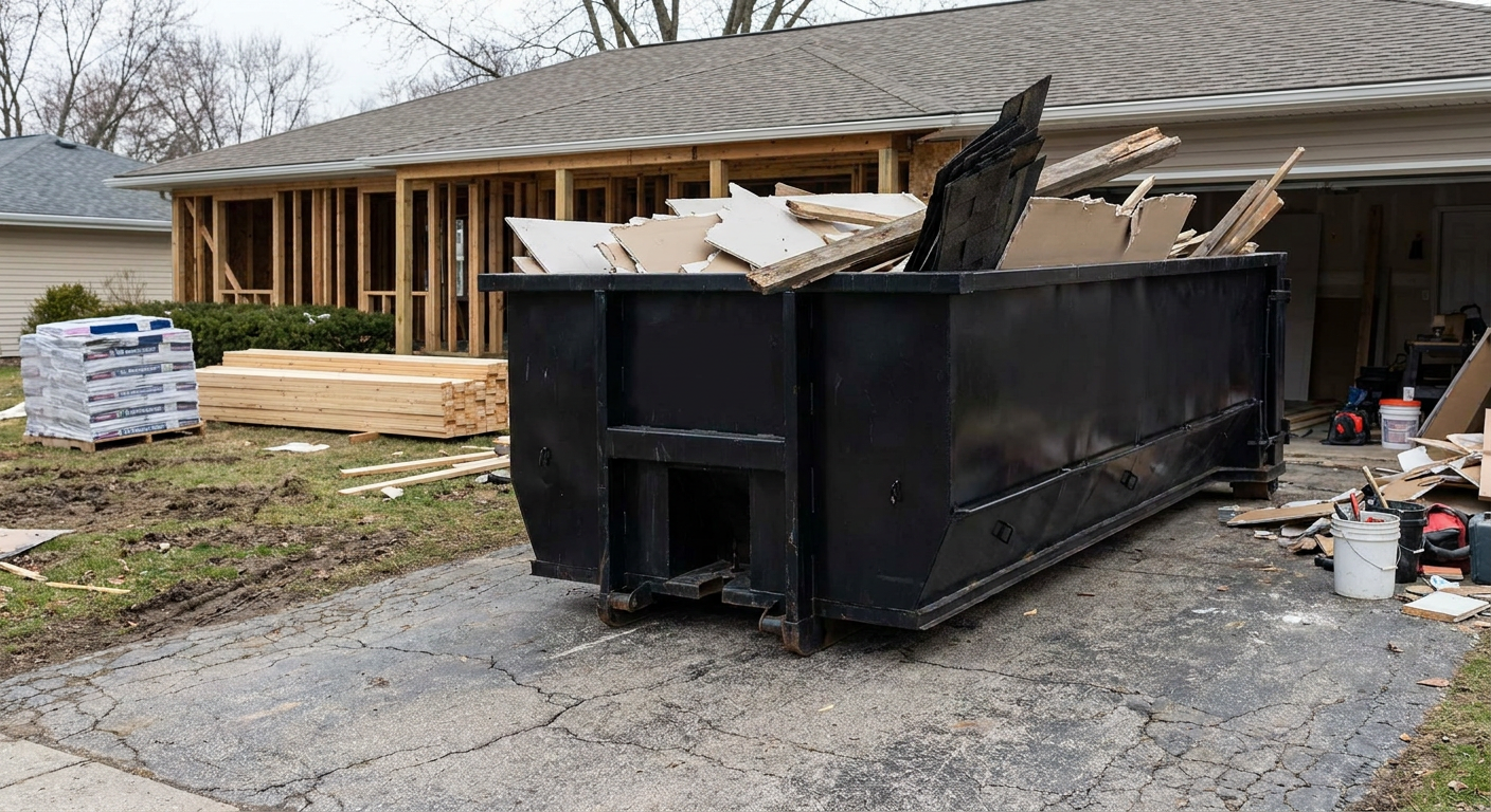 A matte-black 20-yard roll-off dumpster placed alongside a mid-renovation Oakland home directly on the asphalt driveway, with framing materials and torn-off shingles staged neatly nearby.