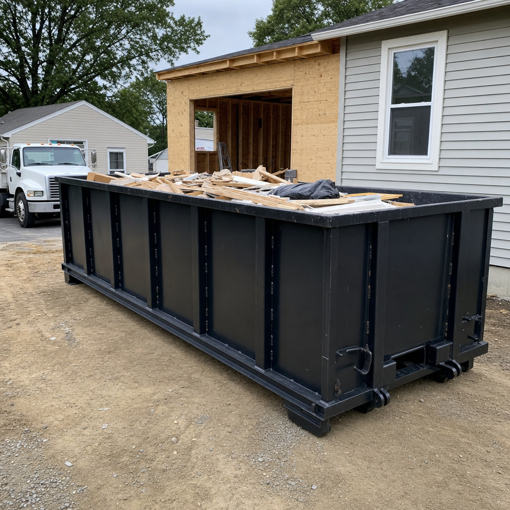 A matte-black 30-yard roll-off dumpster positioned at a Oakland residential addition jobsite, with framing lumber and drywall scraps loaded through the open swinging rear doors.