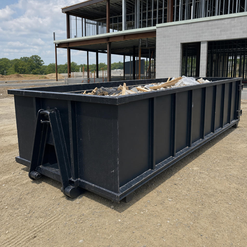 A matte-black 40-yard roll-off dumpster staged on a large Oakland commercial construction lot, with a hooklift delivery truck parked alongside under bright midday sky.