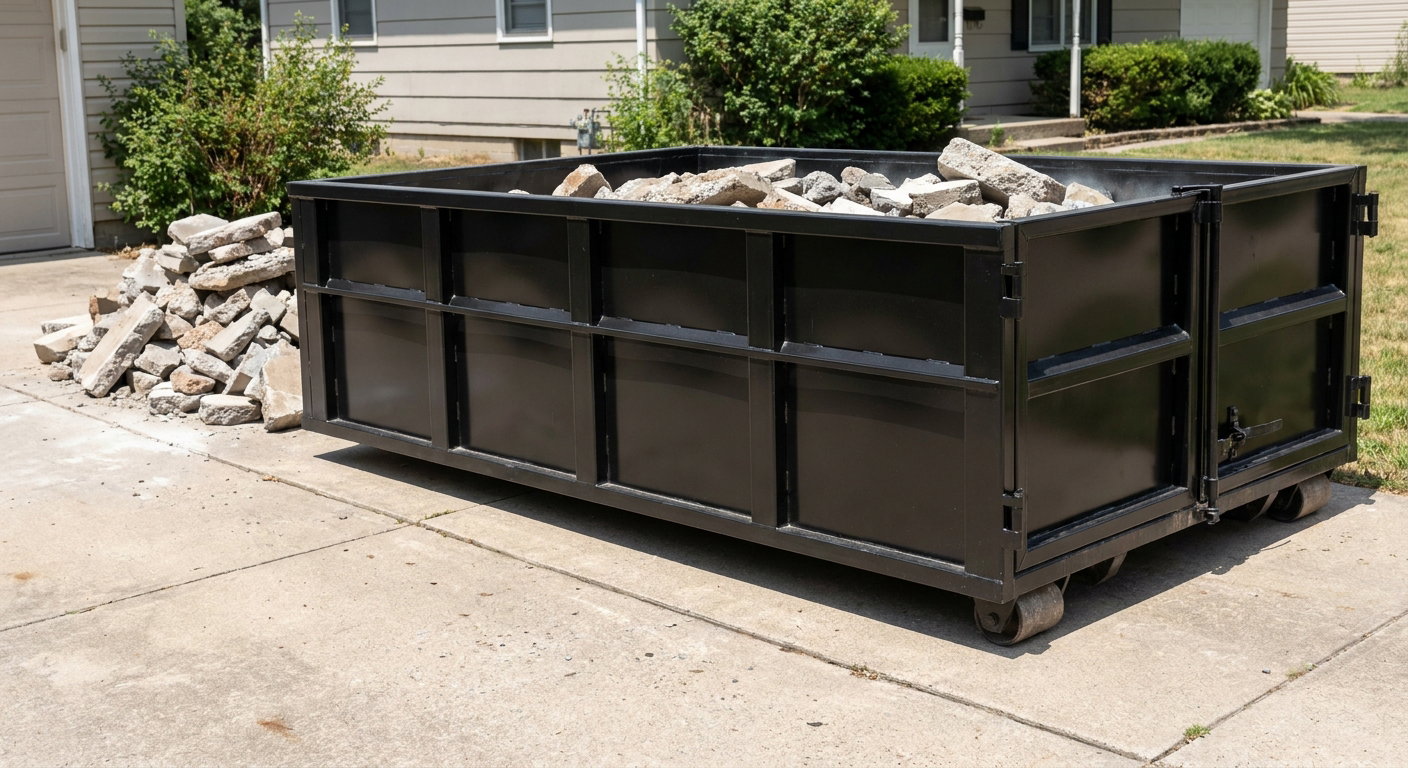 A matte-black low-side heavy-debris roll-off dumpster placed directly on a Oakland concrete driveway, with broken concrete chunks neatly stacked beside it under clean daylight.